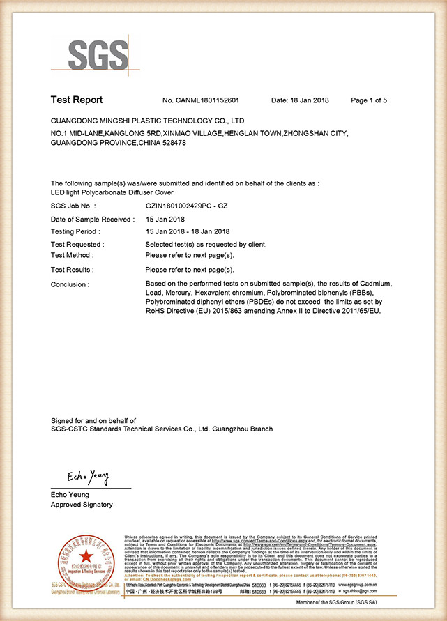 ROHS report of polycarbonate diffuser